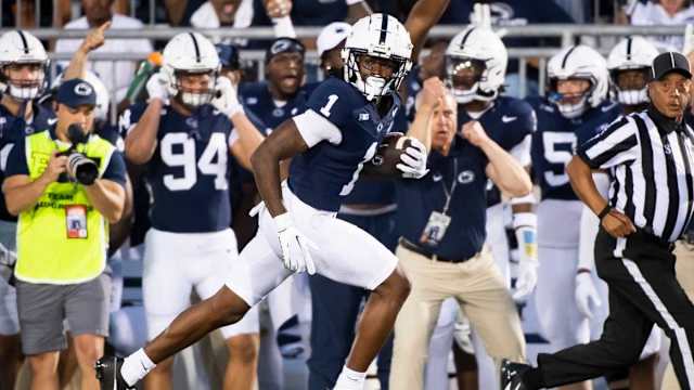 Penn State wide receiver KeAndre Lambert-Smith runs to the end zone for a 72-yard touchdown against West Virginia at Beaver Stadium September 2, 2023, in State College.  